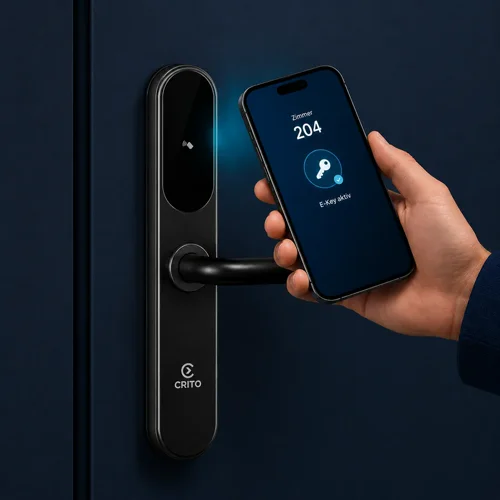 Smartphone mit aktivem E-Key für Zimmer 204 wird an das Crito Lock gehalten