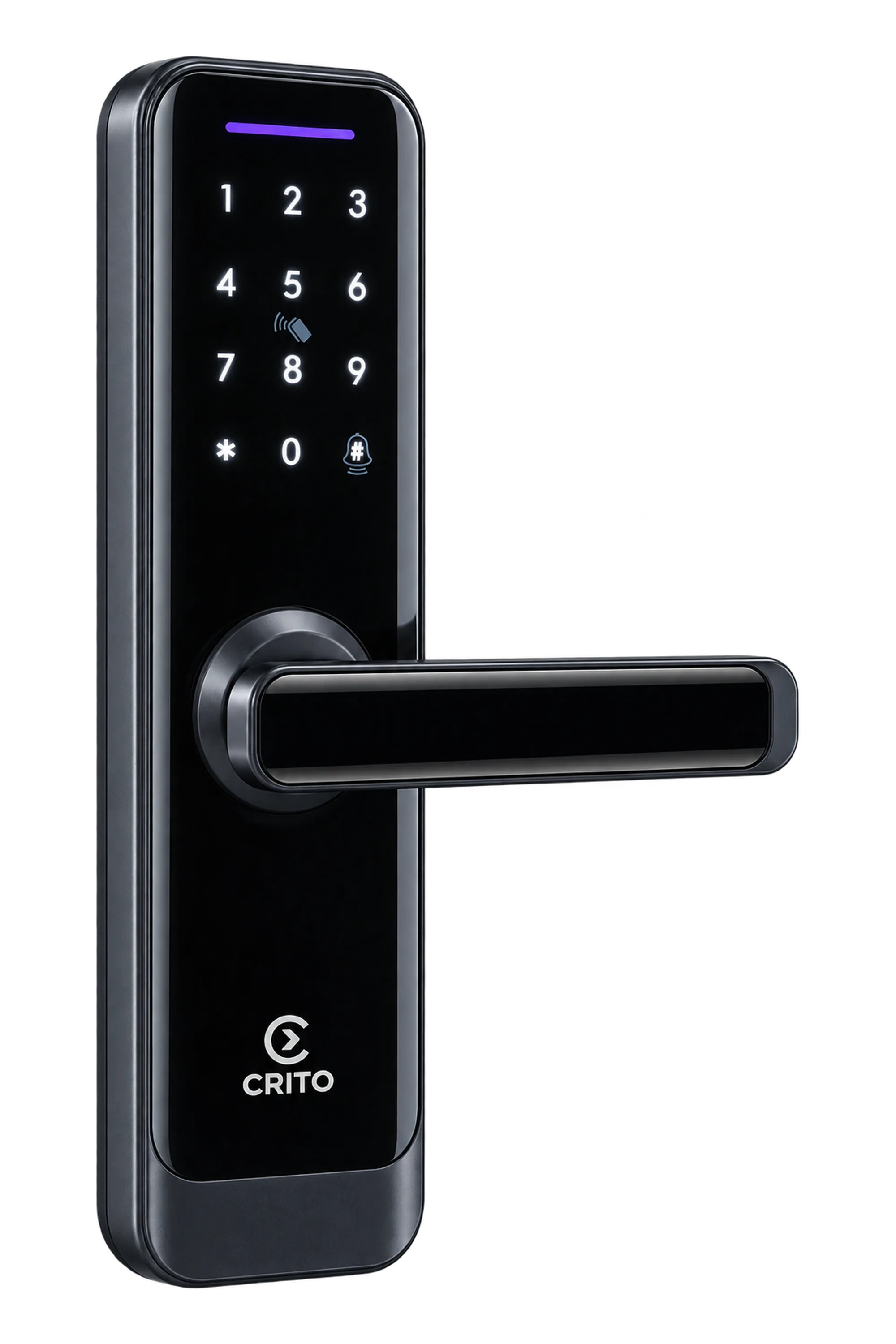 Crito Lock A270 digitales Türschloss mit PIN-Tastatur und Kartenfeld, im Dunkeln beleuchtet