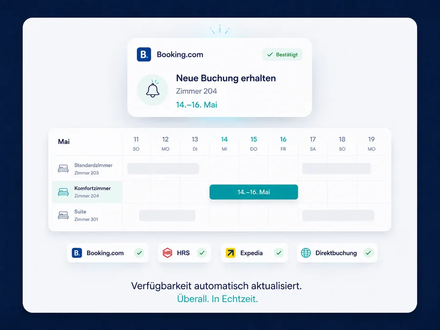 Channel manager view: a new booking arrives from Booking.com, the calendar stays in sync with Booking.com, HRS, Expedia and direct bookings