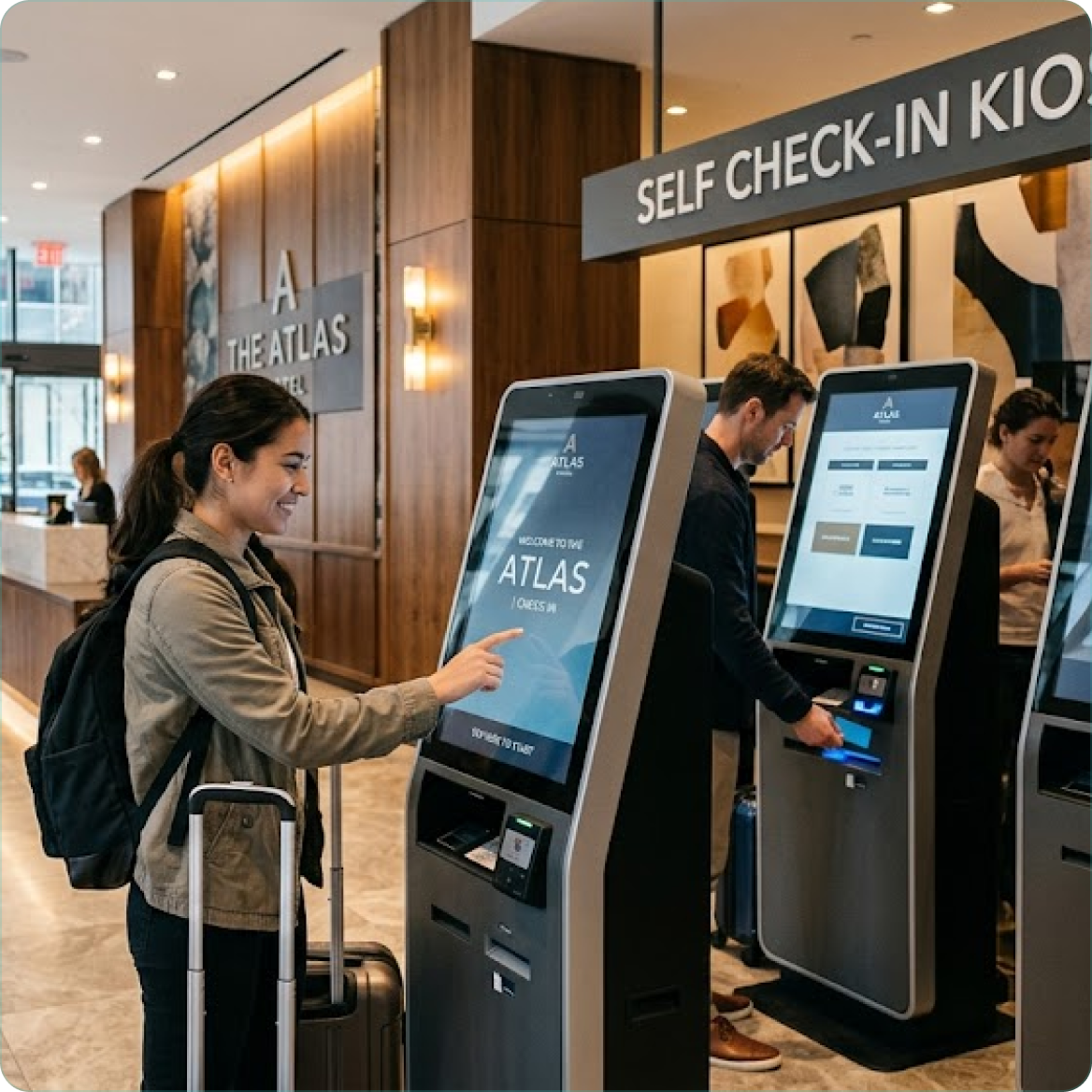 Self-Check-in-Kioske in einer Hotellobby