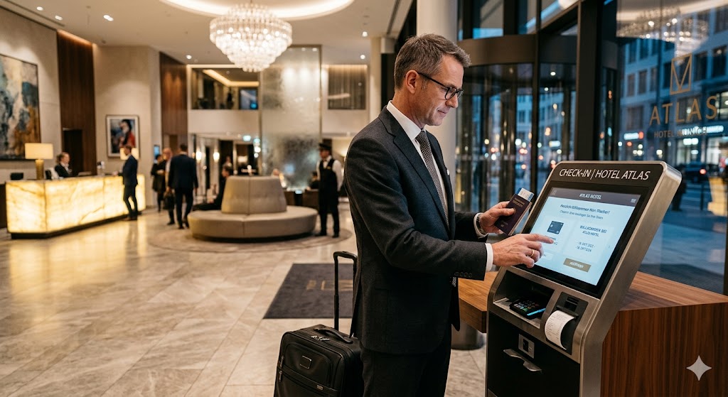 Hotel lobby with self-check-in kiosk